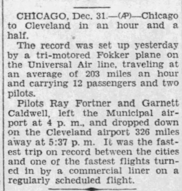 A record was set up by a tri-motored Fokker plane with Pilots Ray Fortner and Garnett Caldwell